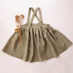 Grass Green Gingham Linen Straps Pinafore with Pockets