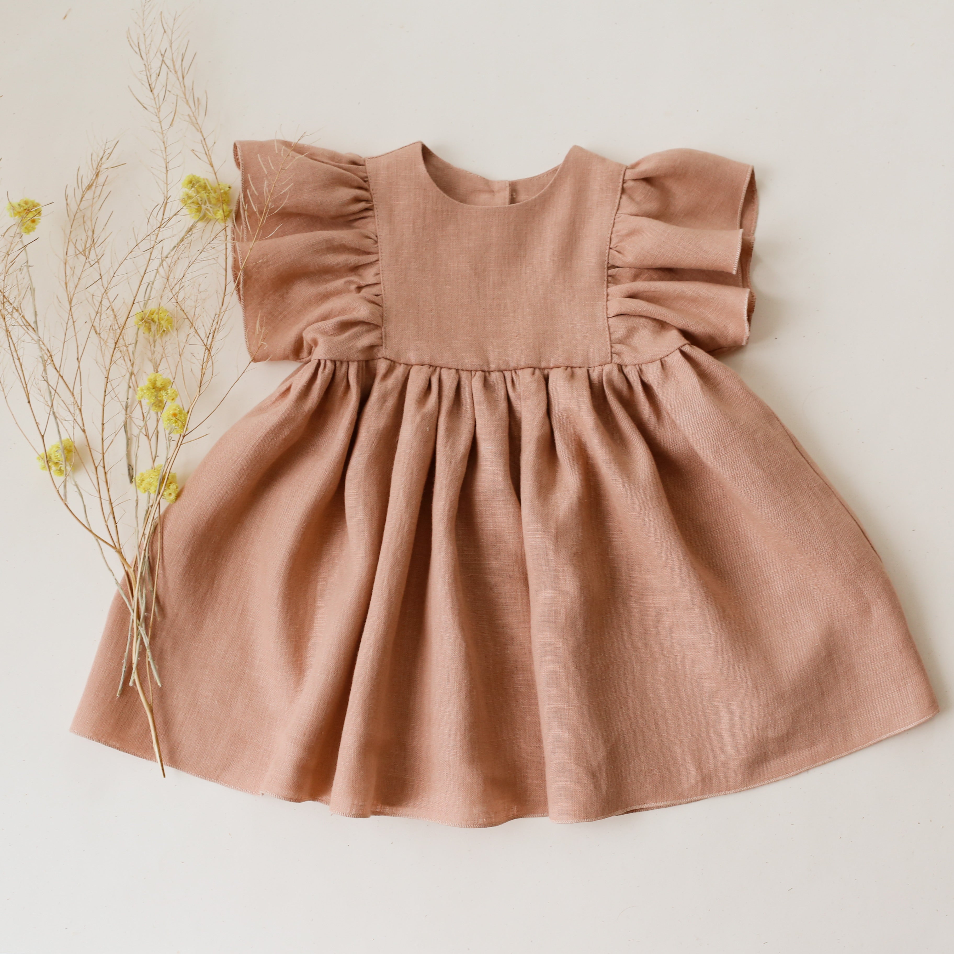 Clay Linen Ruffle Sleeve Dress