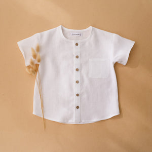 Milk Linen Short Sleeve Buttoned Shirt with Pocket
