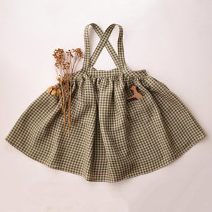 Grass Green Gingham Linen Straps Pinafore with Pockets