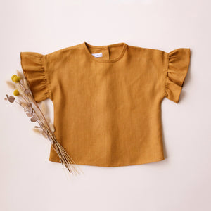Mustard Linen Ruffle Sleeve Top