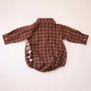 3-6 months - Dark Brown Check Linen Long Sleeve Shirt Onesie