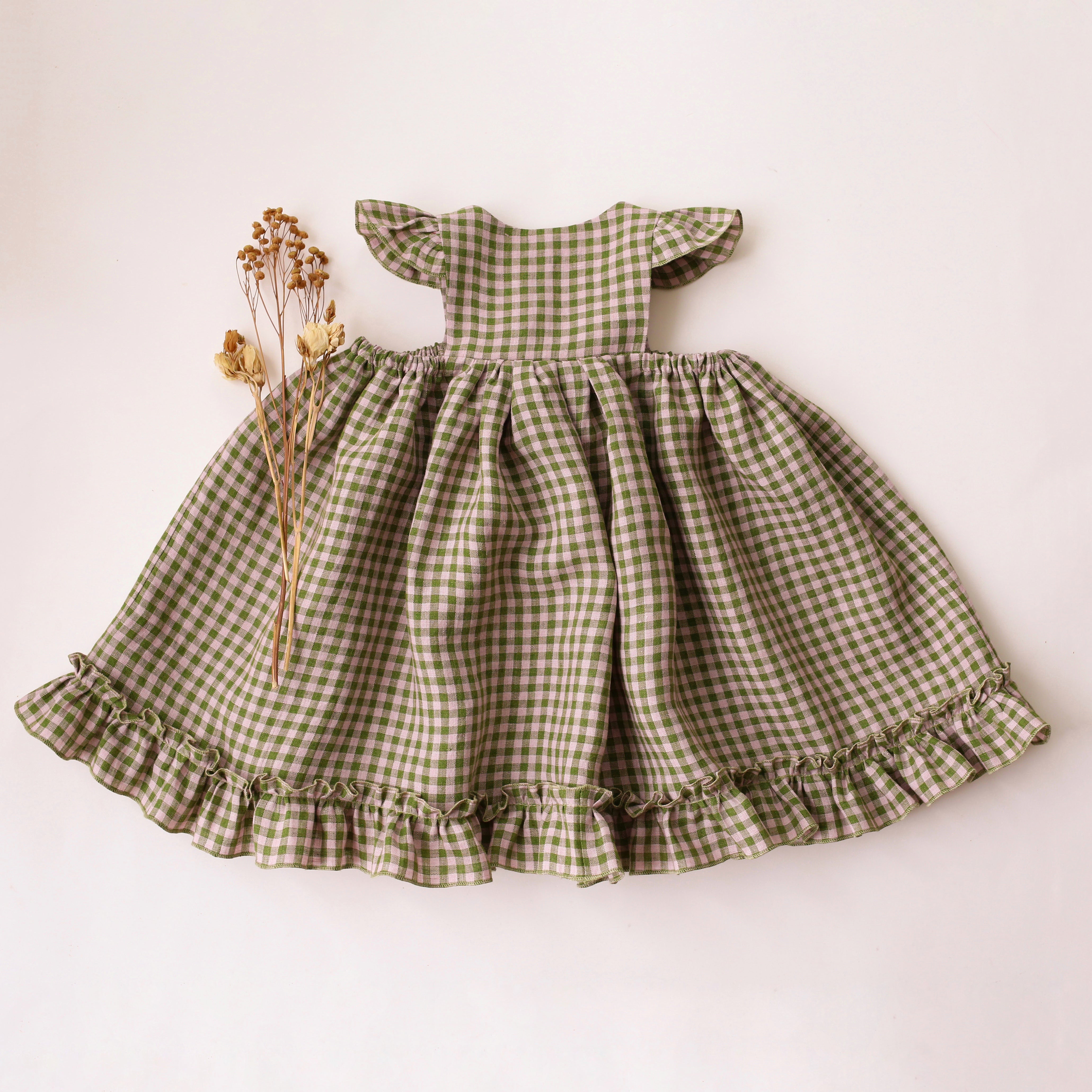 Grass Green Gingham Linen Flutter Sleeve Dress with Ruffled Hem