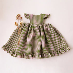 Grass Green Gingham Linen Flutter Sleeve Dress with Ruffled Hem