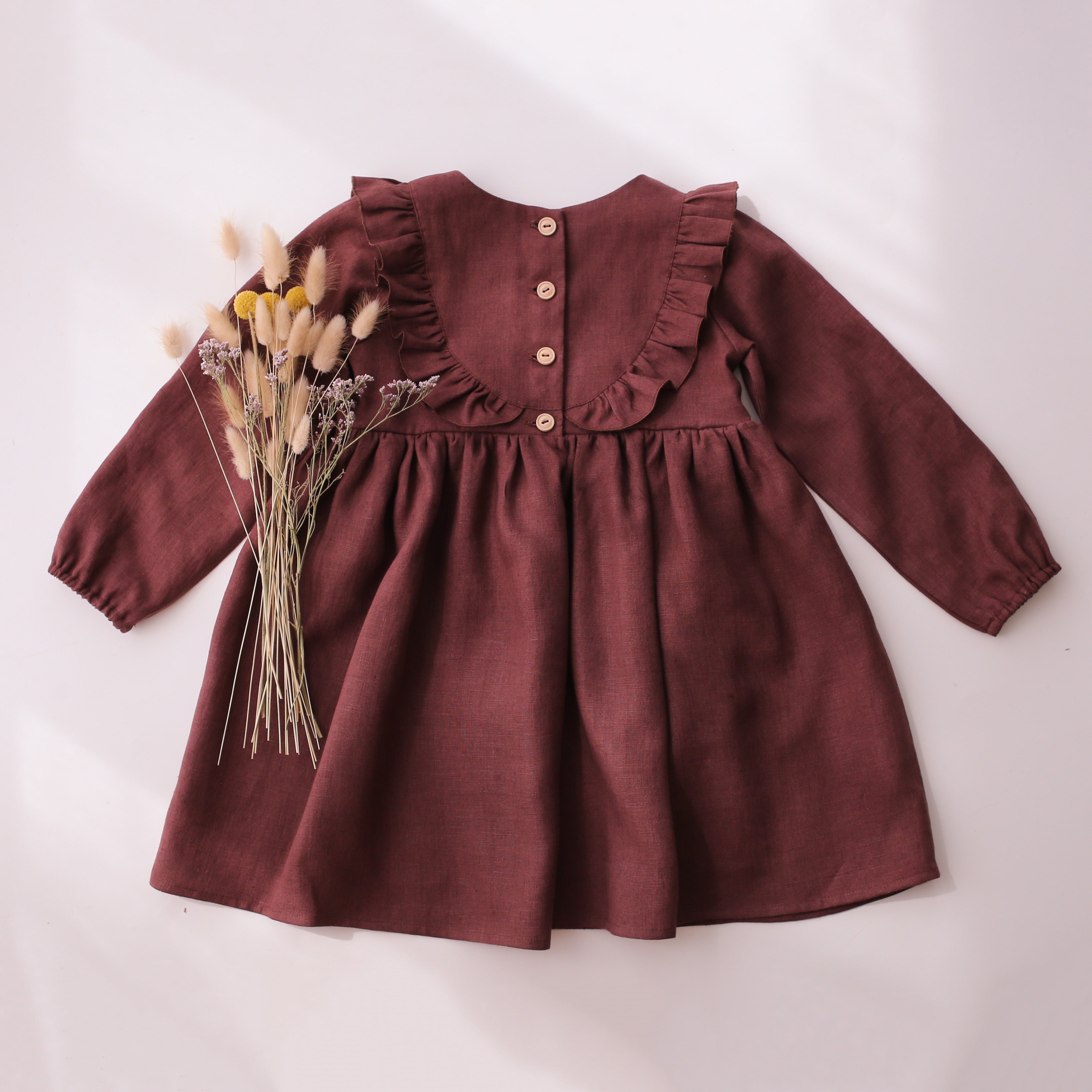Chocolate Plum Linen Long Sleeve Ruffled Bodice Dress