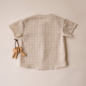 Beige Gingham Linen Short Sleeve Buttoned Top with Curved Hemline