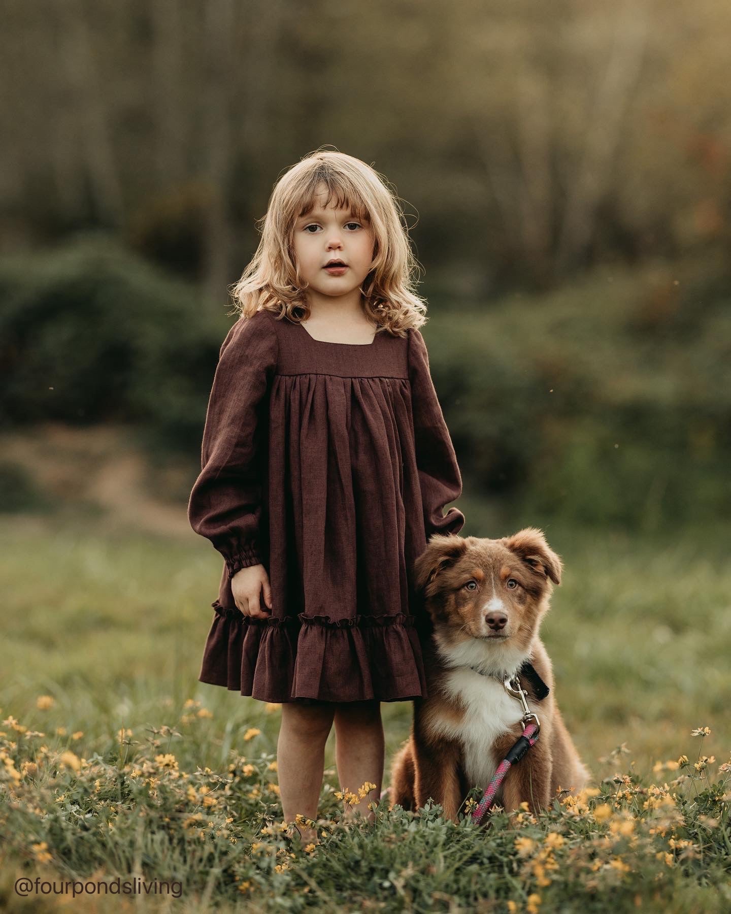 Green Smoke Linen Long Sleeve Square Neck Dress with Ruffled Hem