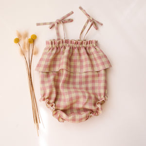 Blush & Cream Check Linen Summer Bubble Playsuit with Ties
