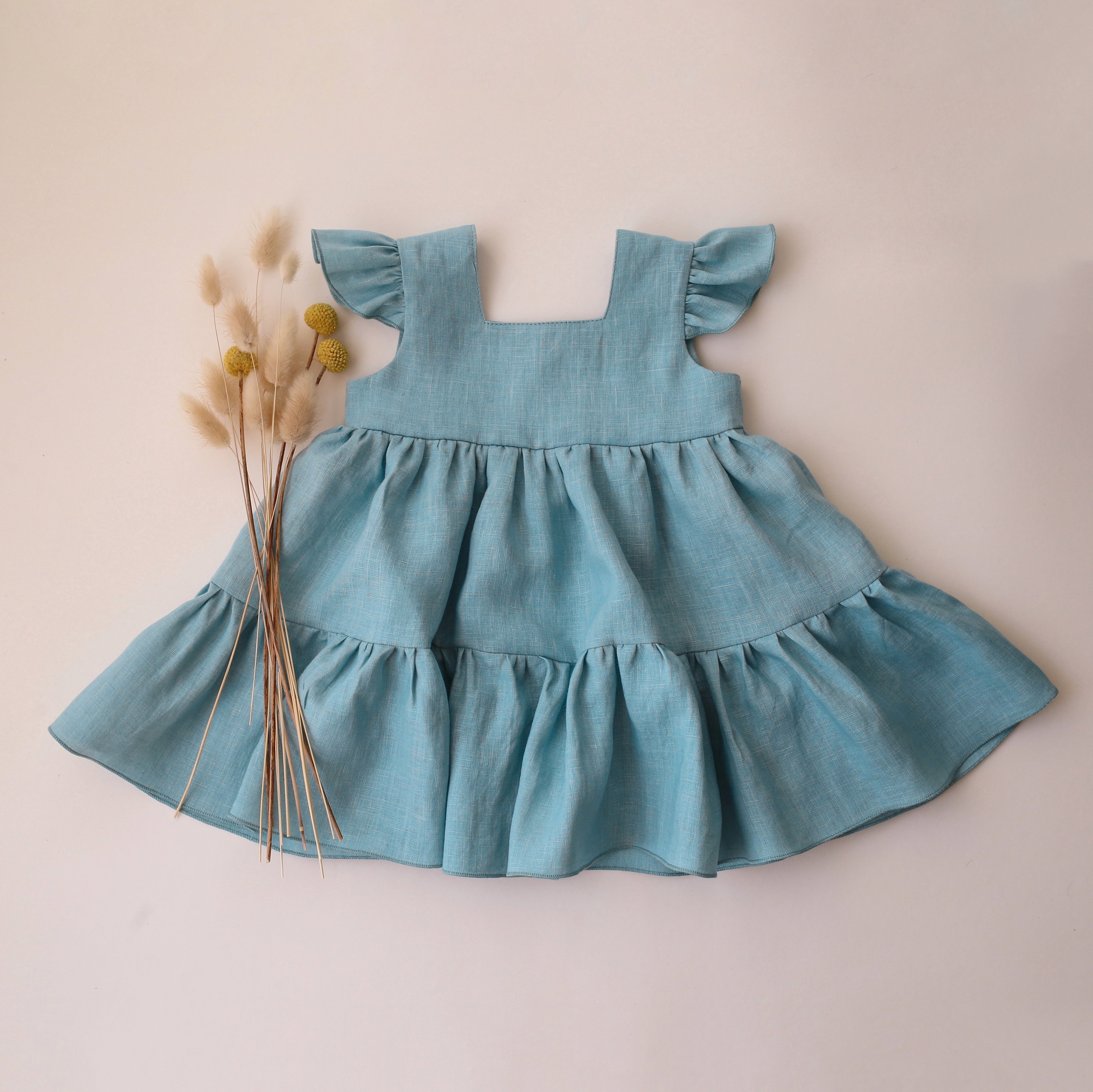 Duck Egg Blue Linen Button-Front Tiered Dress