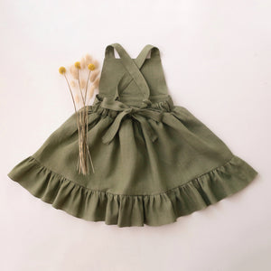 Olive Linen Straps Pinafore with Ruffled Hems
