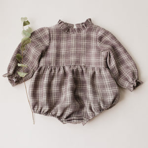 9-12 months - Chocolate Check Linen Long Sleeve Frills Bubble Playsuit