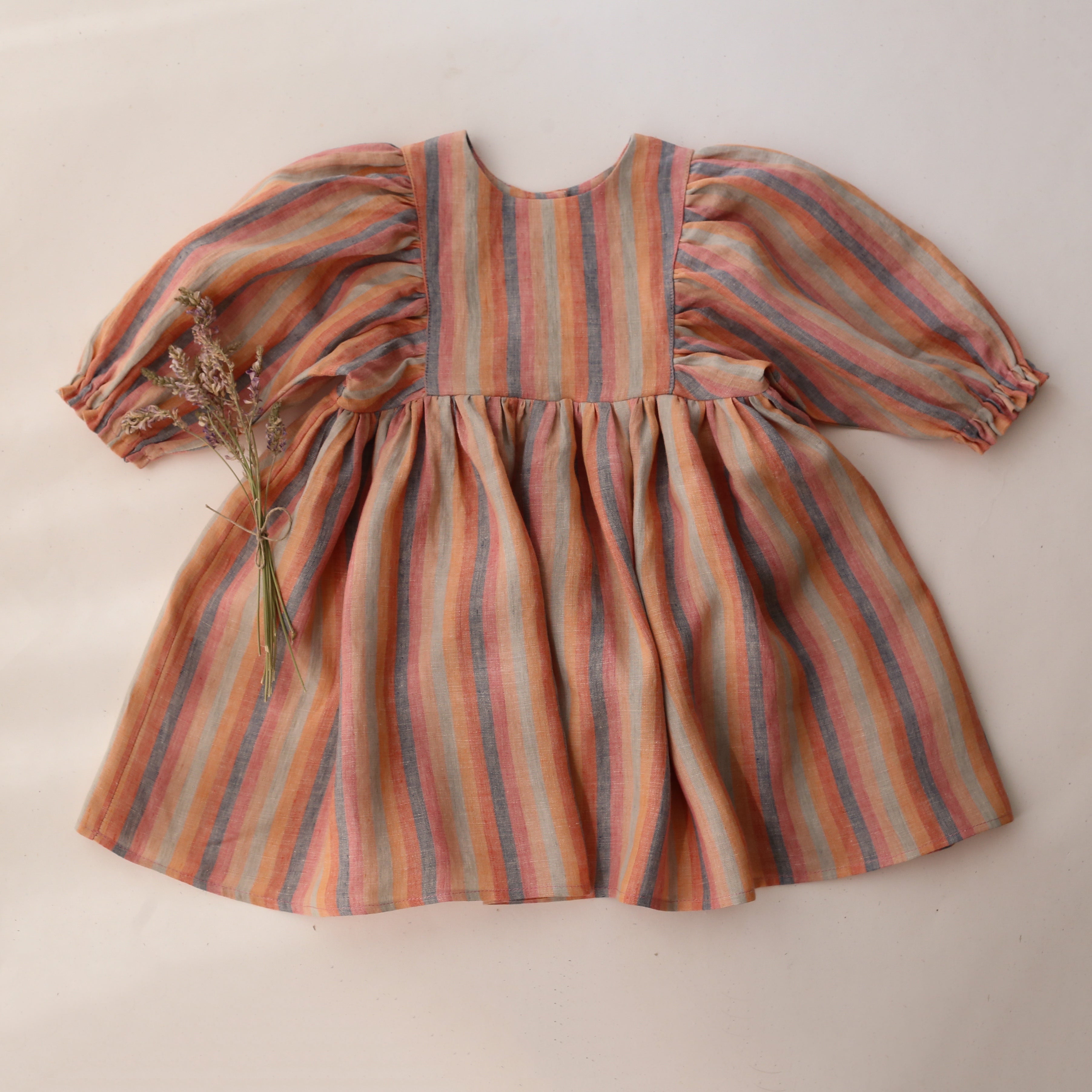 2-3 YRS - Peachy Rainbow Linen Puff Sleeve Dress
