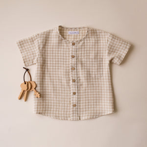 Beige Gingham Linen Short Sleeve Buttoned Top with Curved Hemline