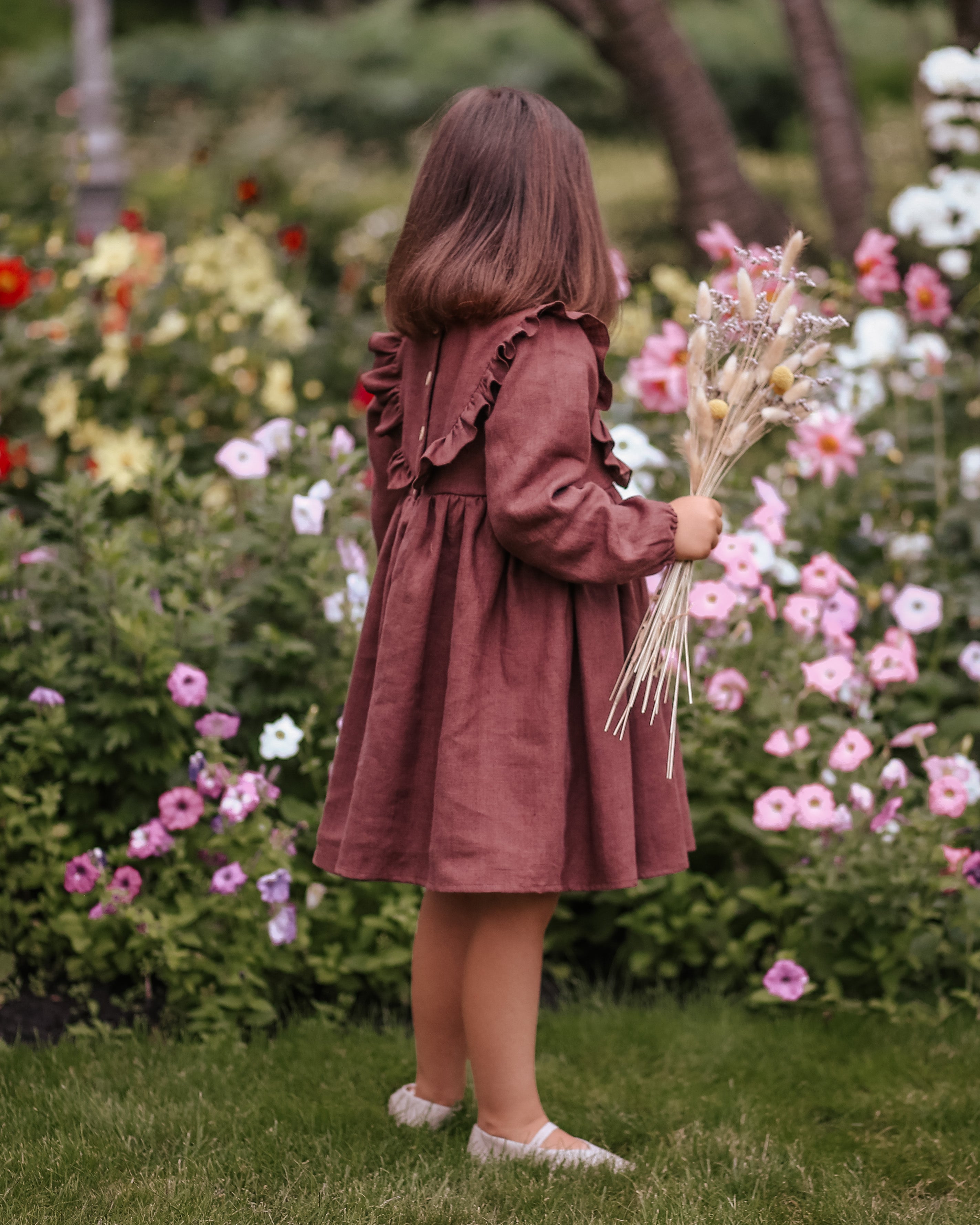 Chocolate Plum Linen Long Sleeve Ruffled Bodice Dress