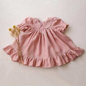 Powder Linen Short Sleeve Peter Pan Collar Babydoll Bodice Dress