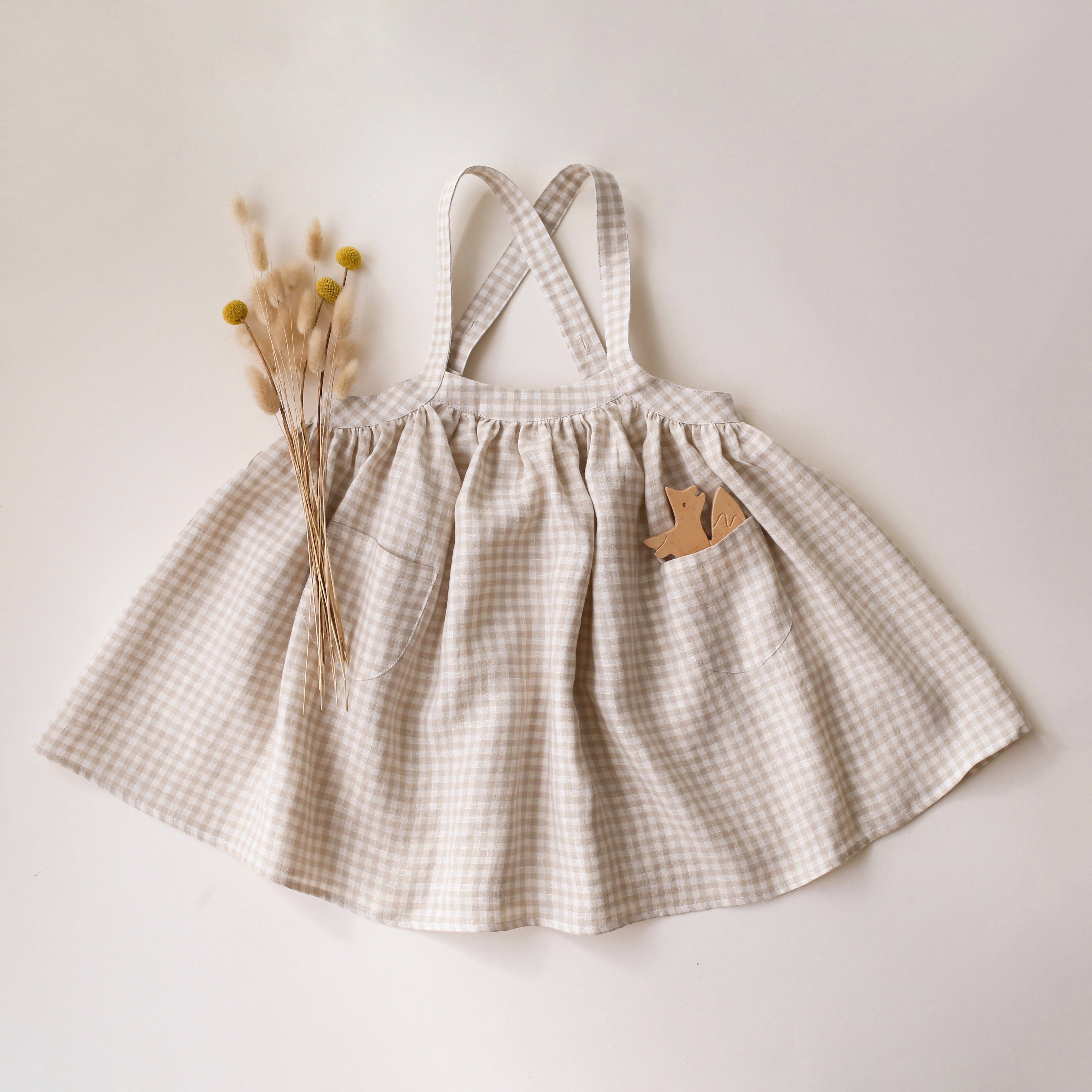 Beige Gingham Linen Straps Pinafore with Pockets