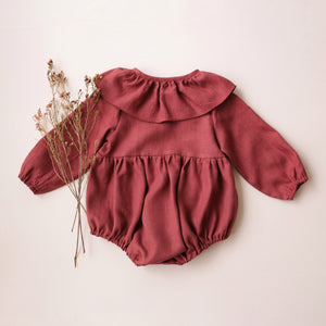 Rosewood Linen Long Sleeve Ruffle Collar Button-Front Bubble Playsuit