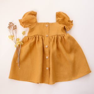 Amber Linen Button-Front Dress with Puff Sleeve