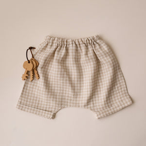 Beige Gingham Linen Harem Shorts