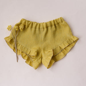 Lemon Gingham Linen Ruffle Shorts