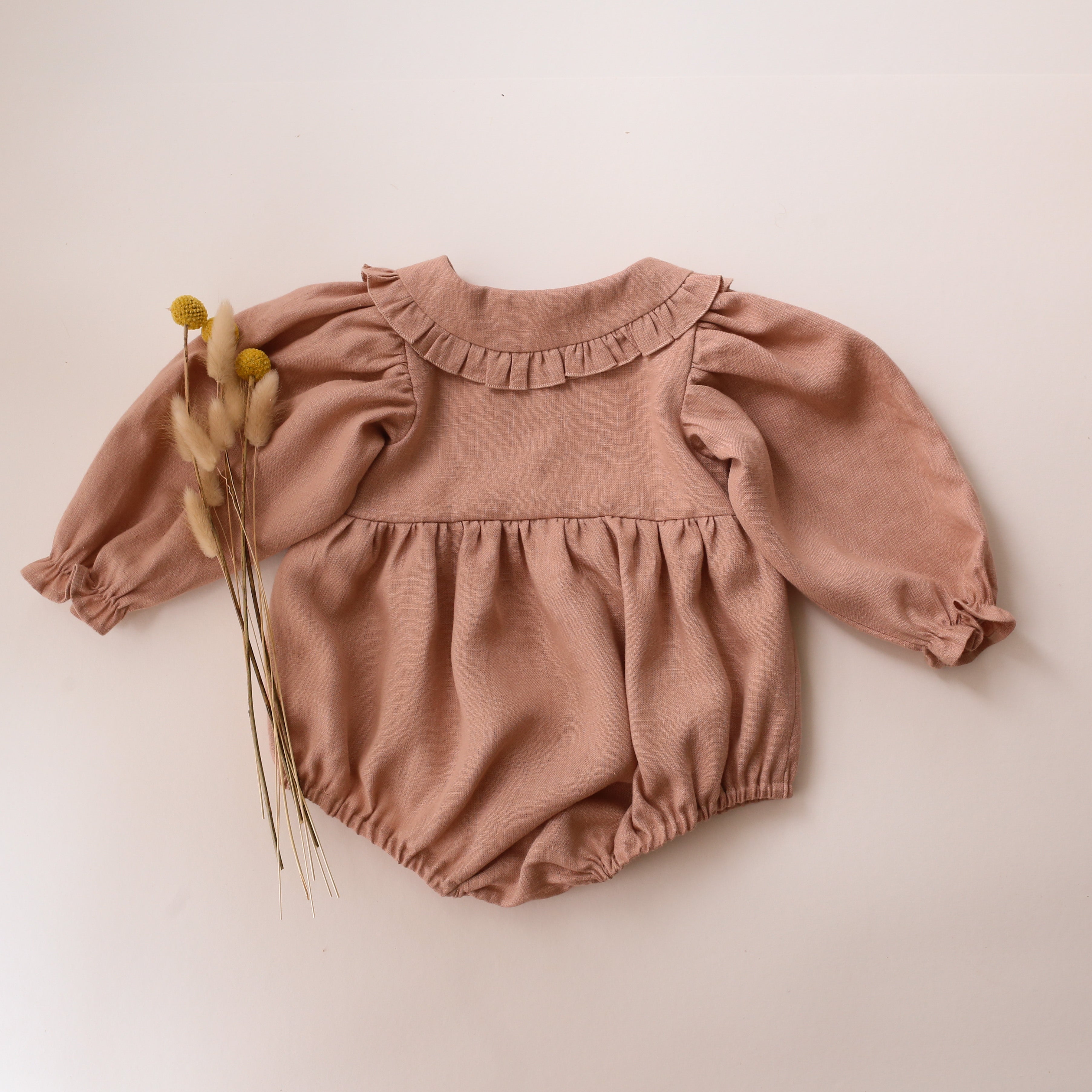 Clay Linen Long Sleeve Frilled Collar Bubble Playsuit