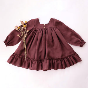 Chocolate Plum Linen Long Sleeve Square Neck Dress with Ruffled Hem