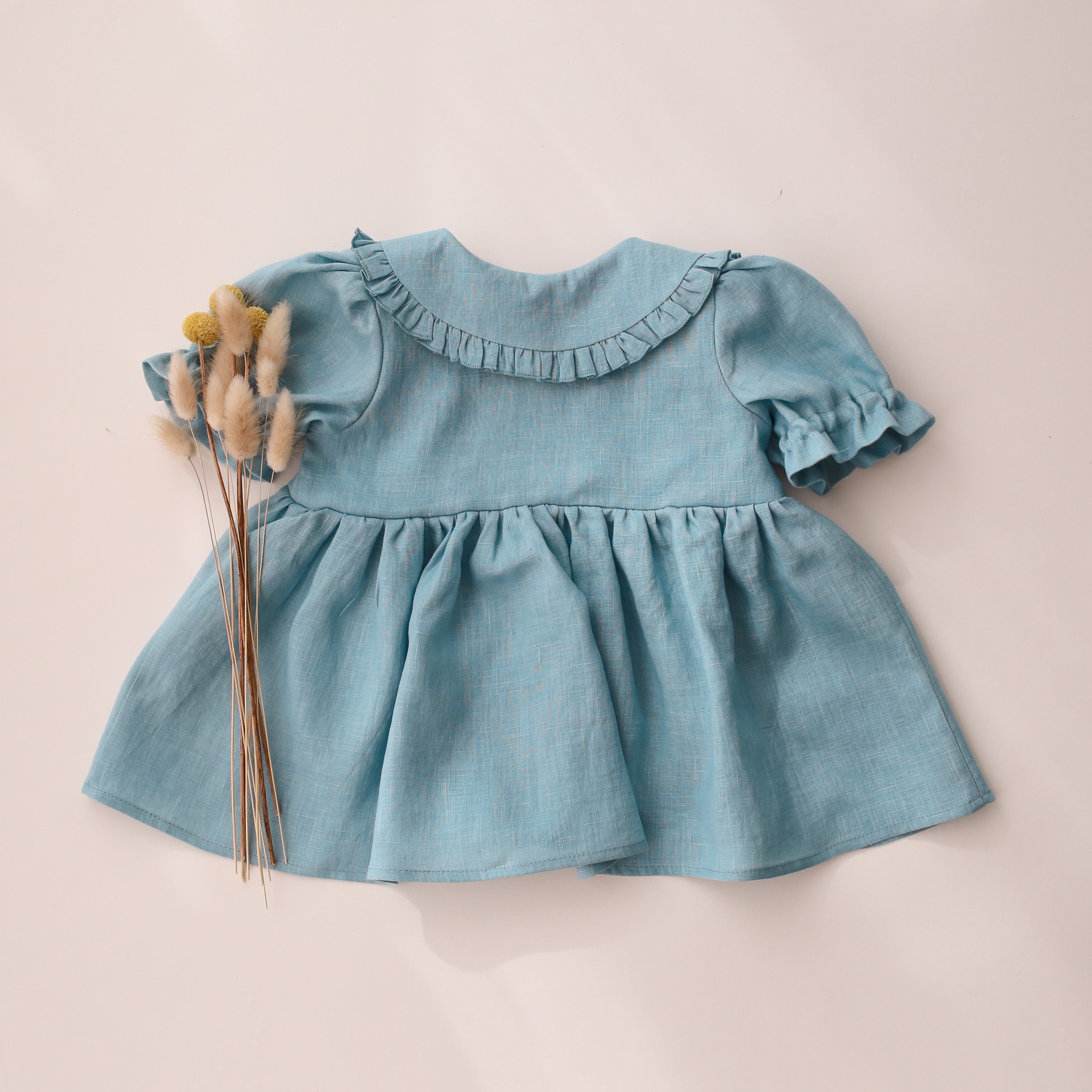 Duck Egg Blue Linen Short Sleeve Frilled Collar Blouse with Curved Bodice
