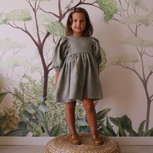 4-5 YRS - Caramel Linen Puff Sleeve Dress