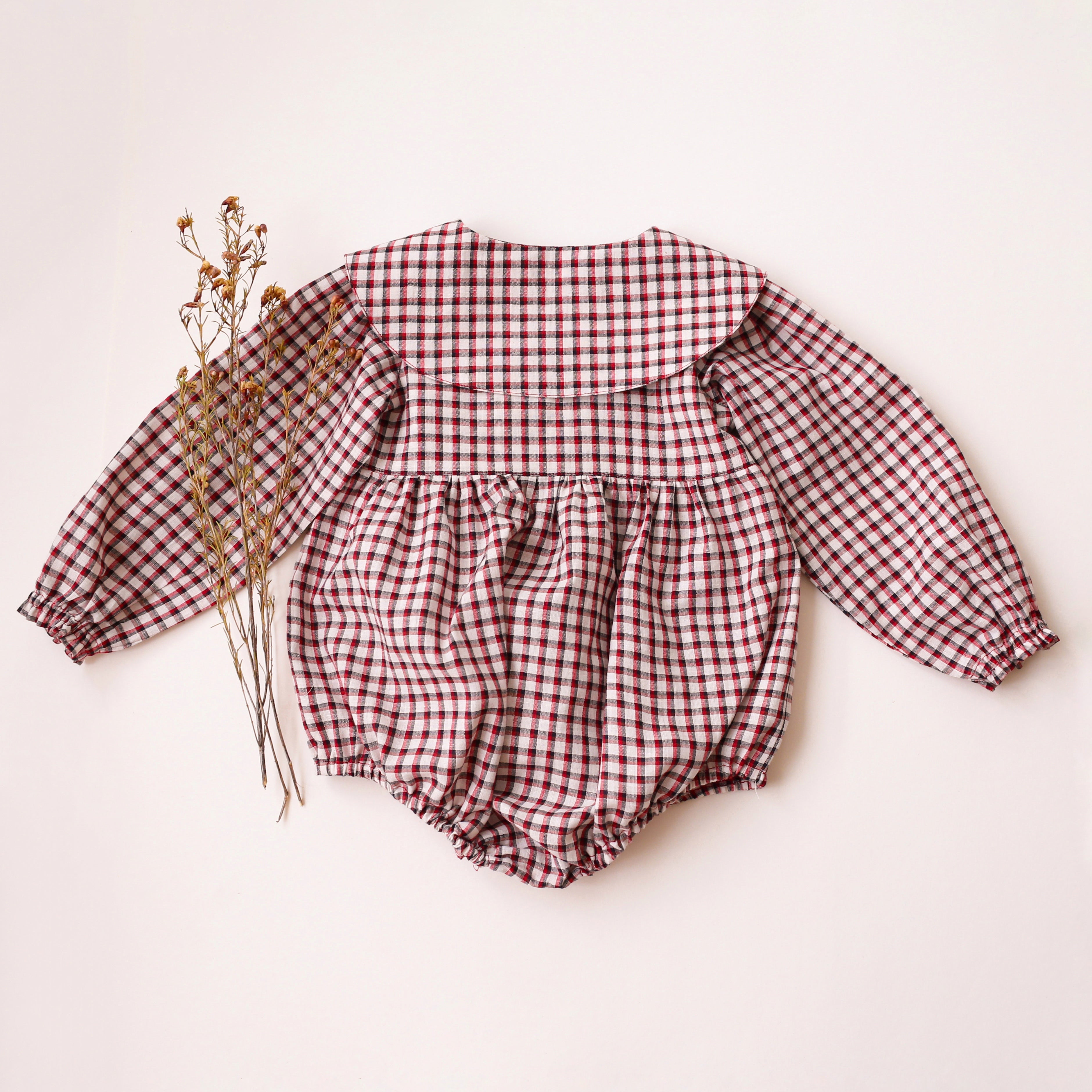 Red & Black Gingham Cotton Long Sleeve Pointed Collar Bubble Playsuit
