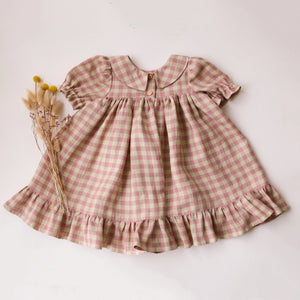 Blush & Cream Gingham Linen Short Sleeve Peter Pan Collar Babydoll Bodice Dress