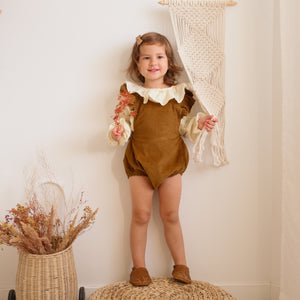 Rustic Brown Corduroy Ruffle Straps Romper
