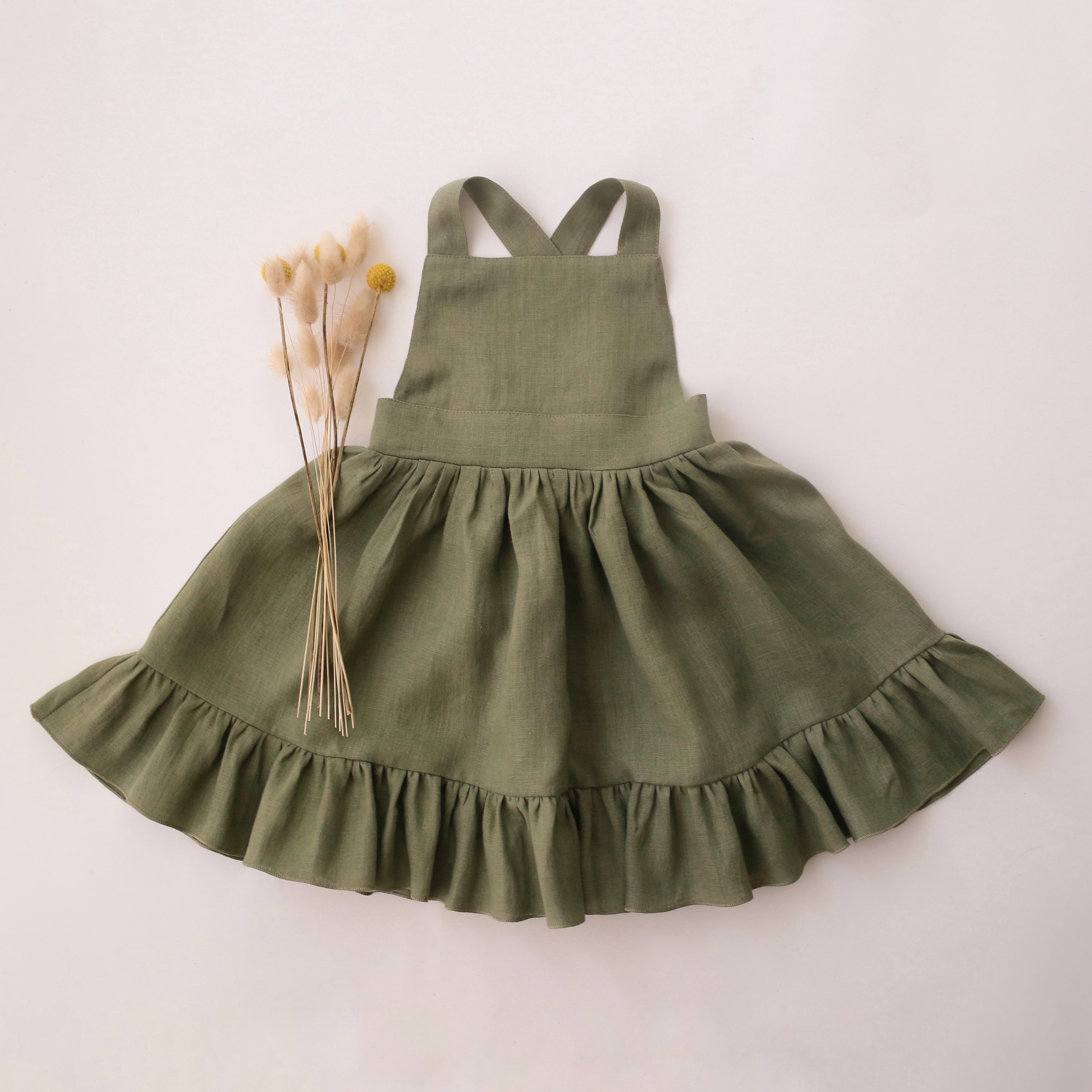 Olive Linen Straps Pinafore with Ruffled Hem