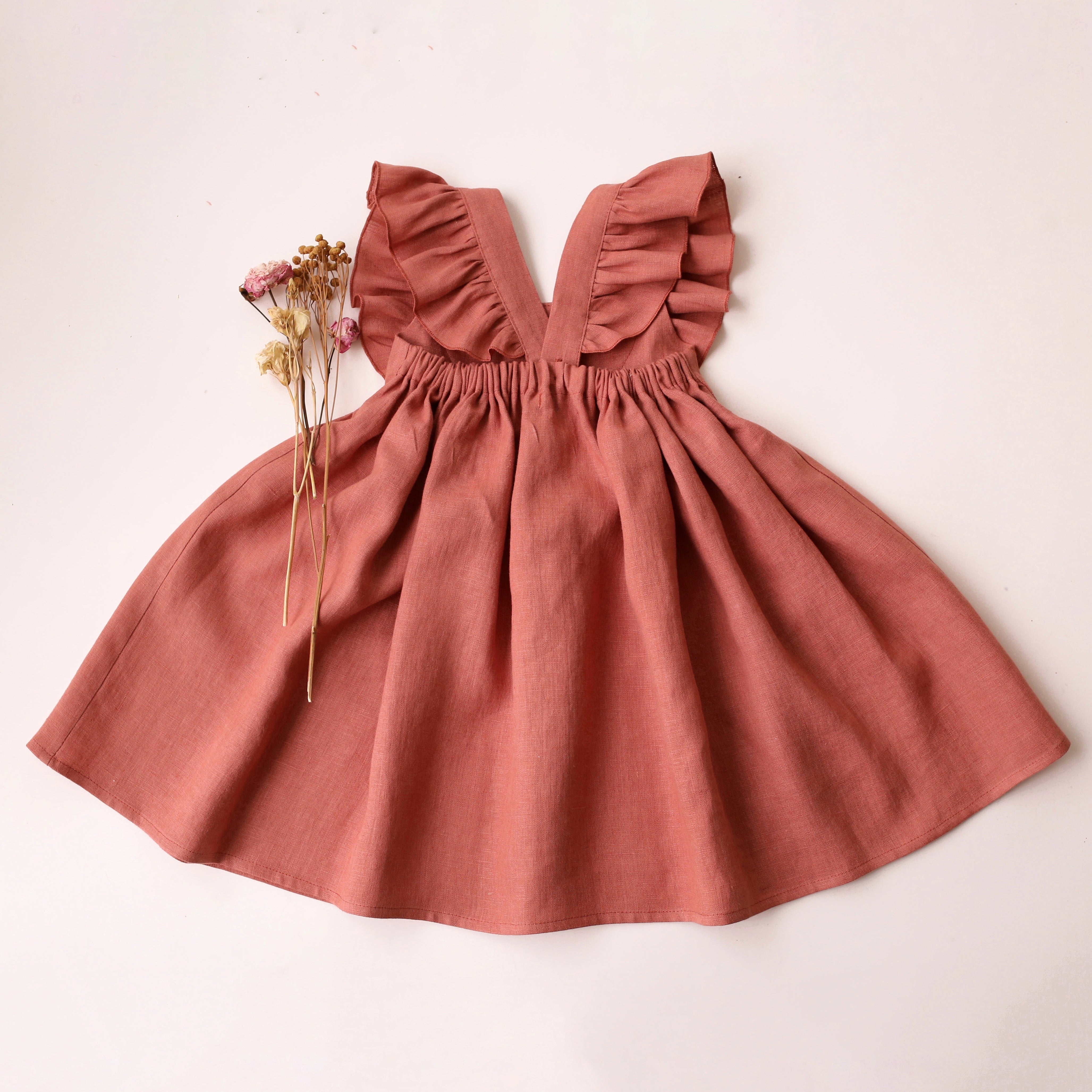 Rose Bouquet Linen Ruffled Bodice Dress