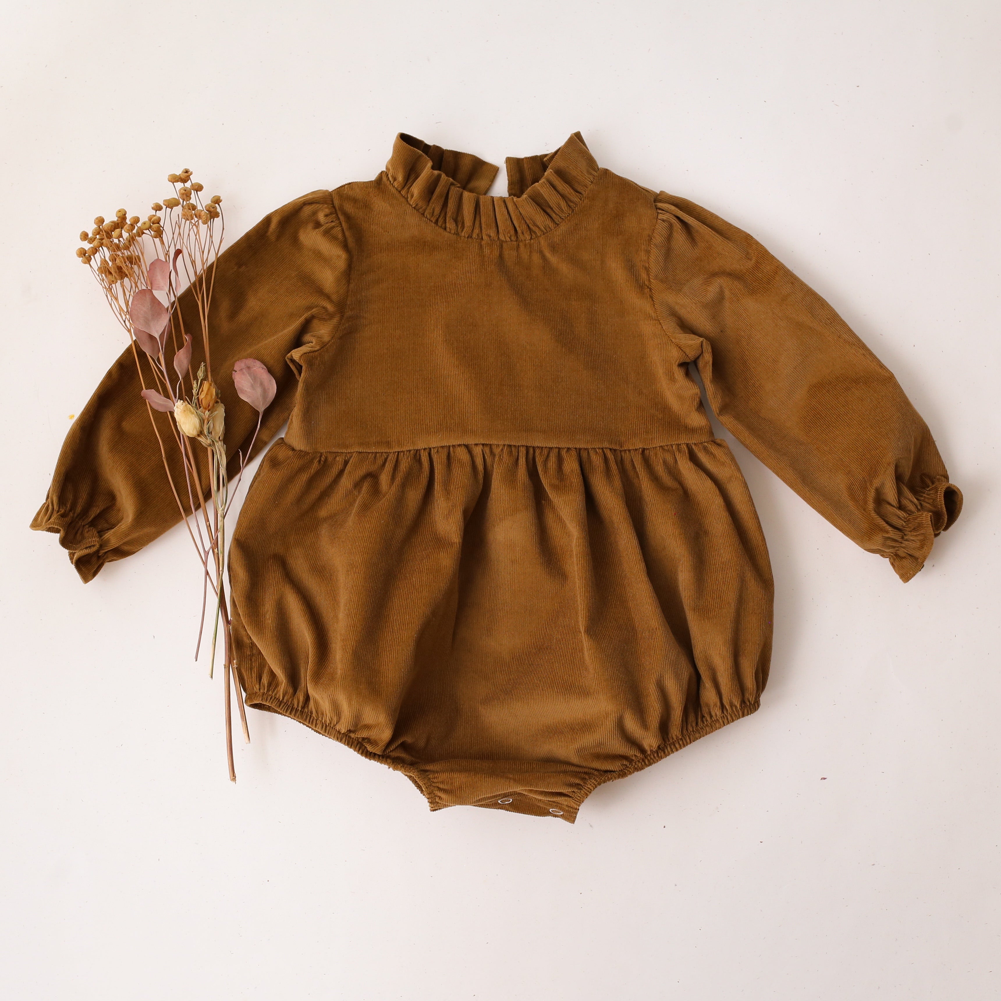 Rustic Brown Corduroy Long Sleeve Frills Bubble Playsuit
