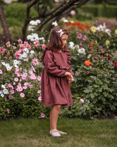 Chocolate Plum Linen Long Sleeve Ruffled Bodice Dress