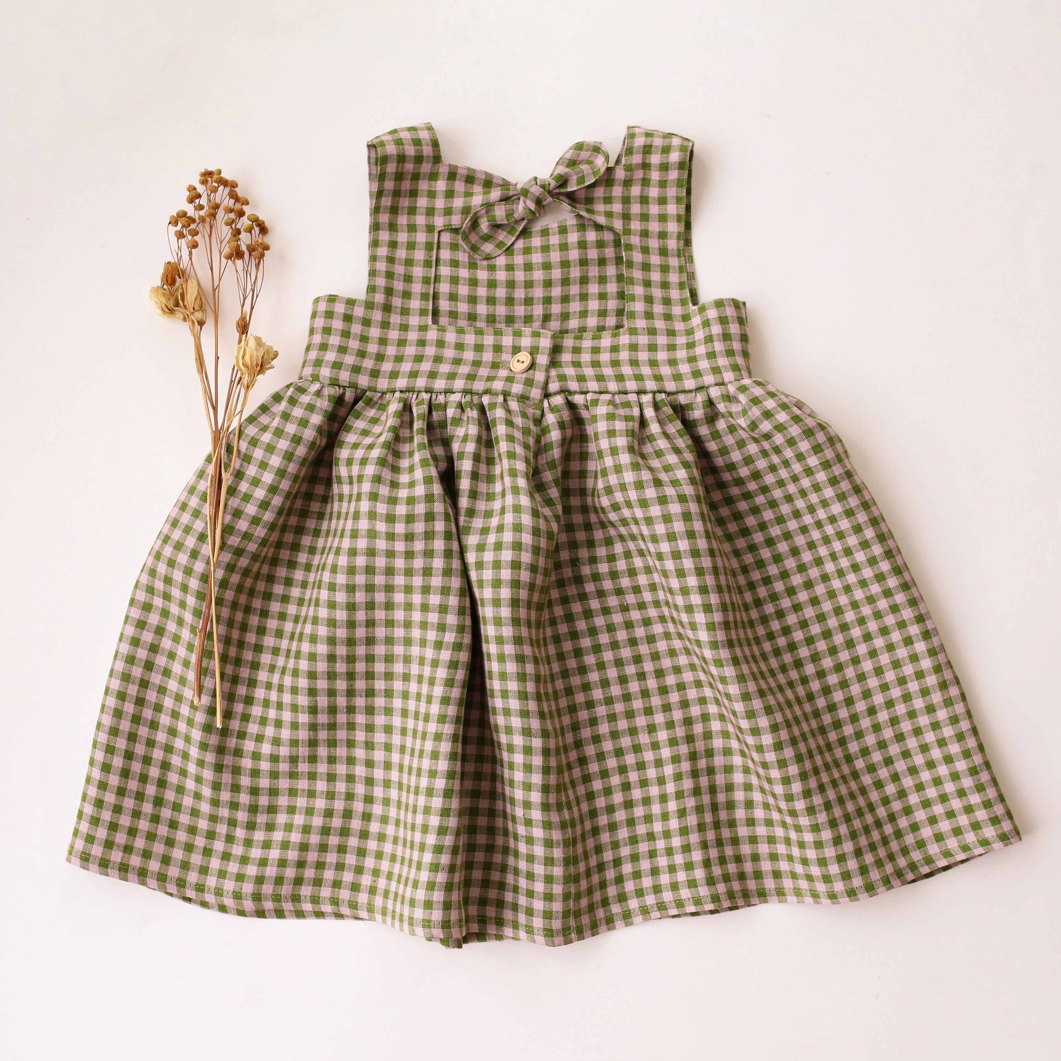 Grass Green Gingham Linen Dress with Cutout Back