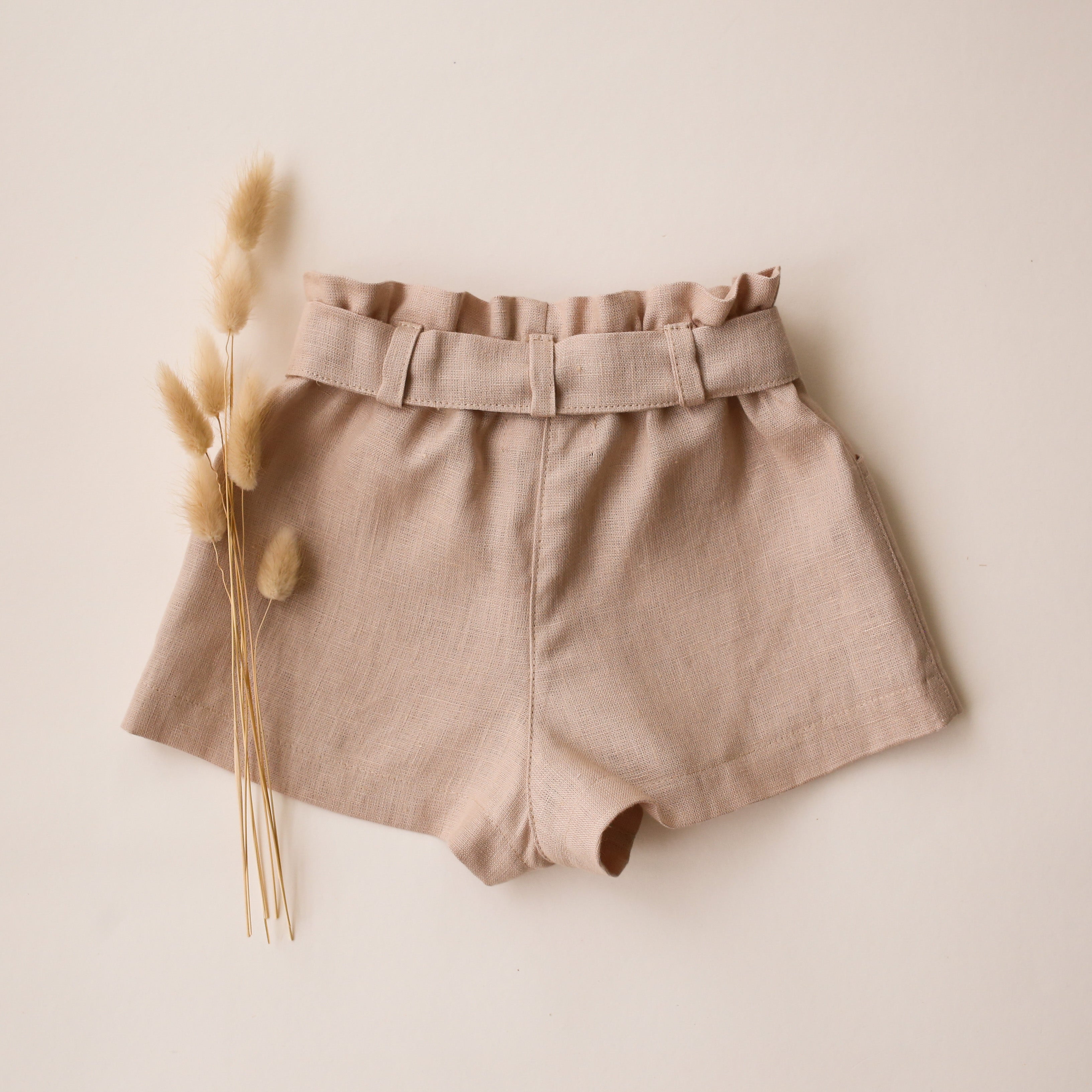 Beige Linen Paperbag Shorts