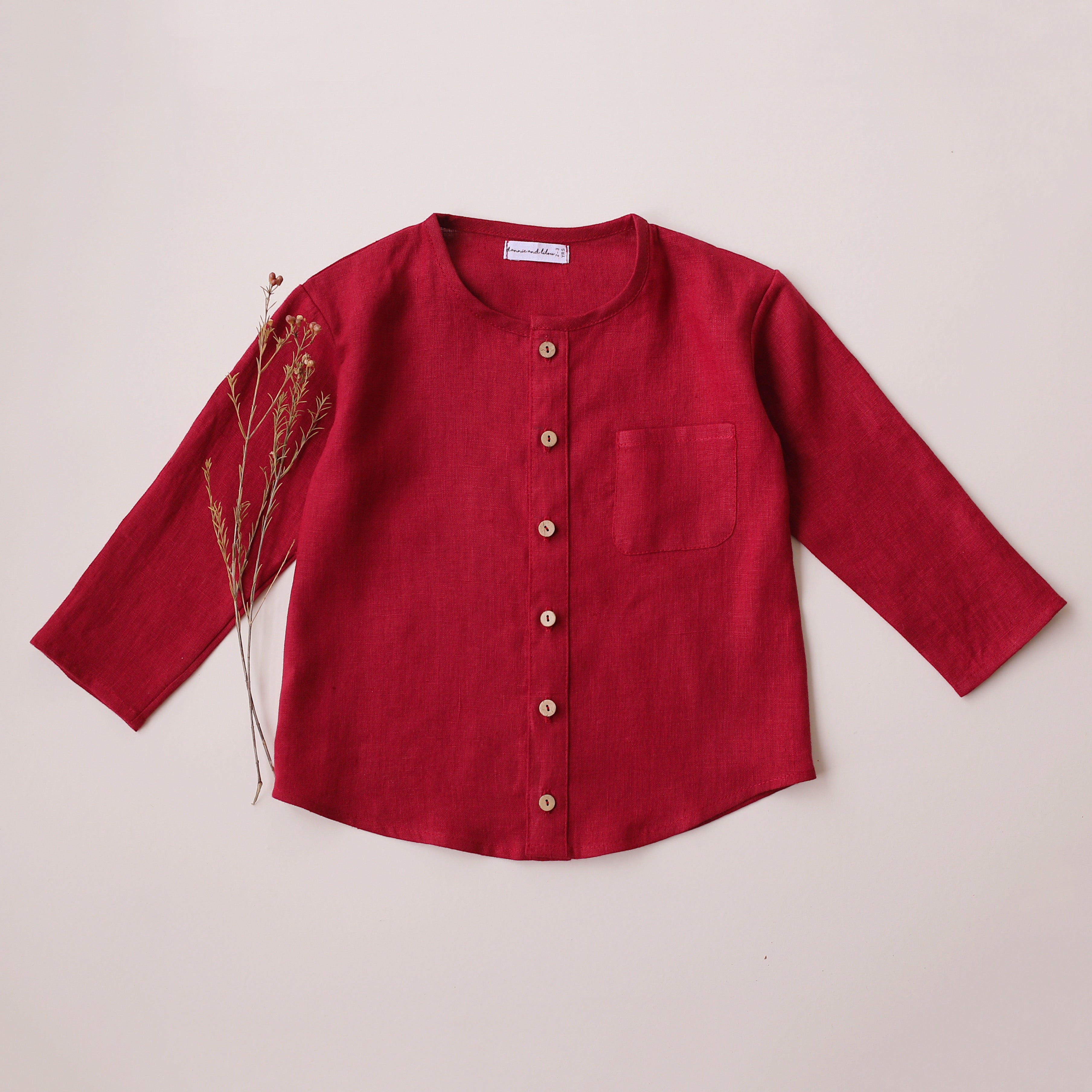 Berry Linen Long Sleeve Buttoned Shirt with Pocket