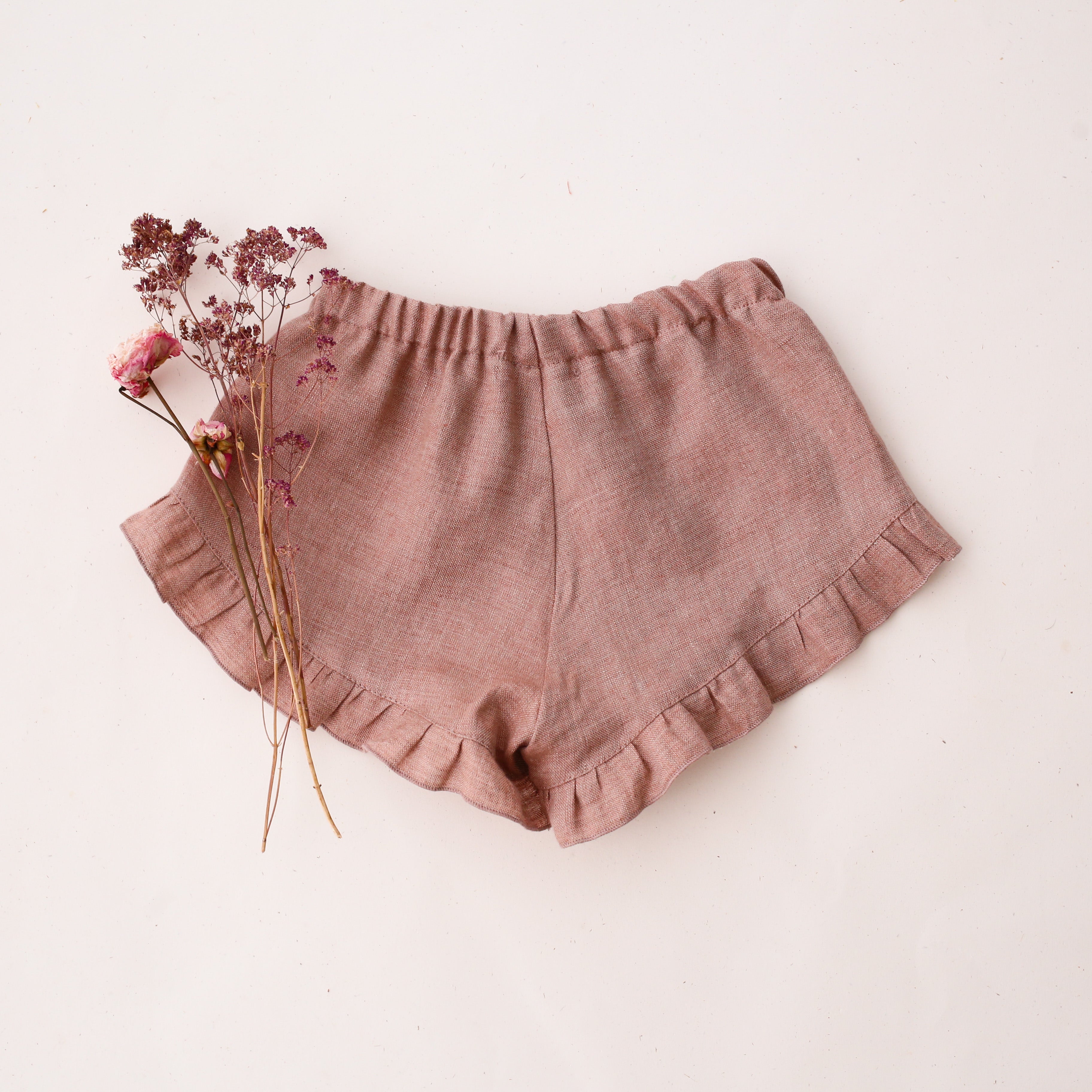 Rose Smoke Linen Ruffle Shorts