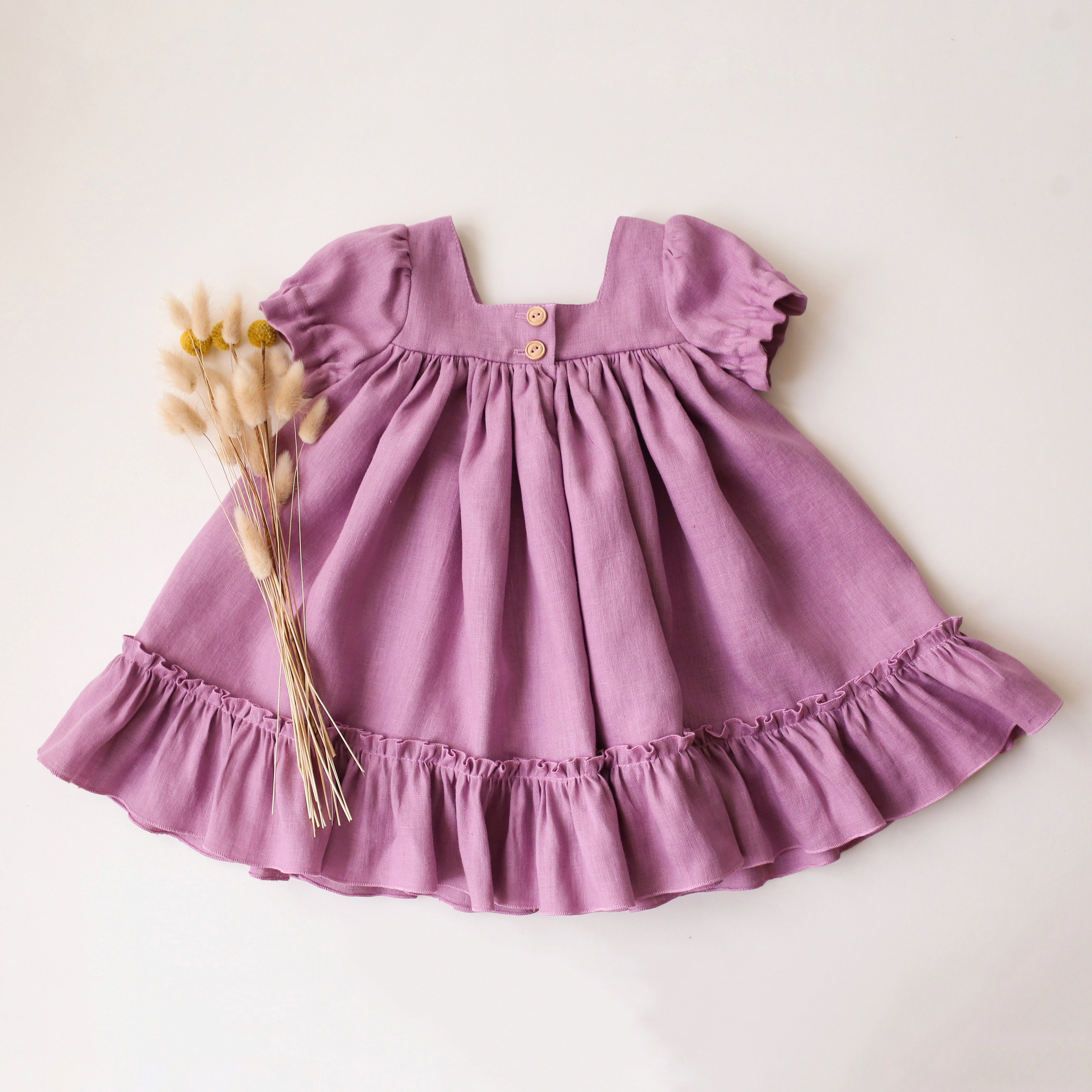 Orchid Pink Linen Short Sleeve Square Neck Dress with Ruffled Hem
