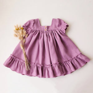 Orchid Pink Linen Short Sleeve Square Neck Dress with Ruffled Hem