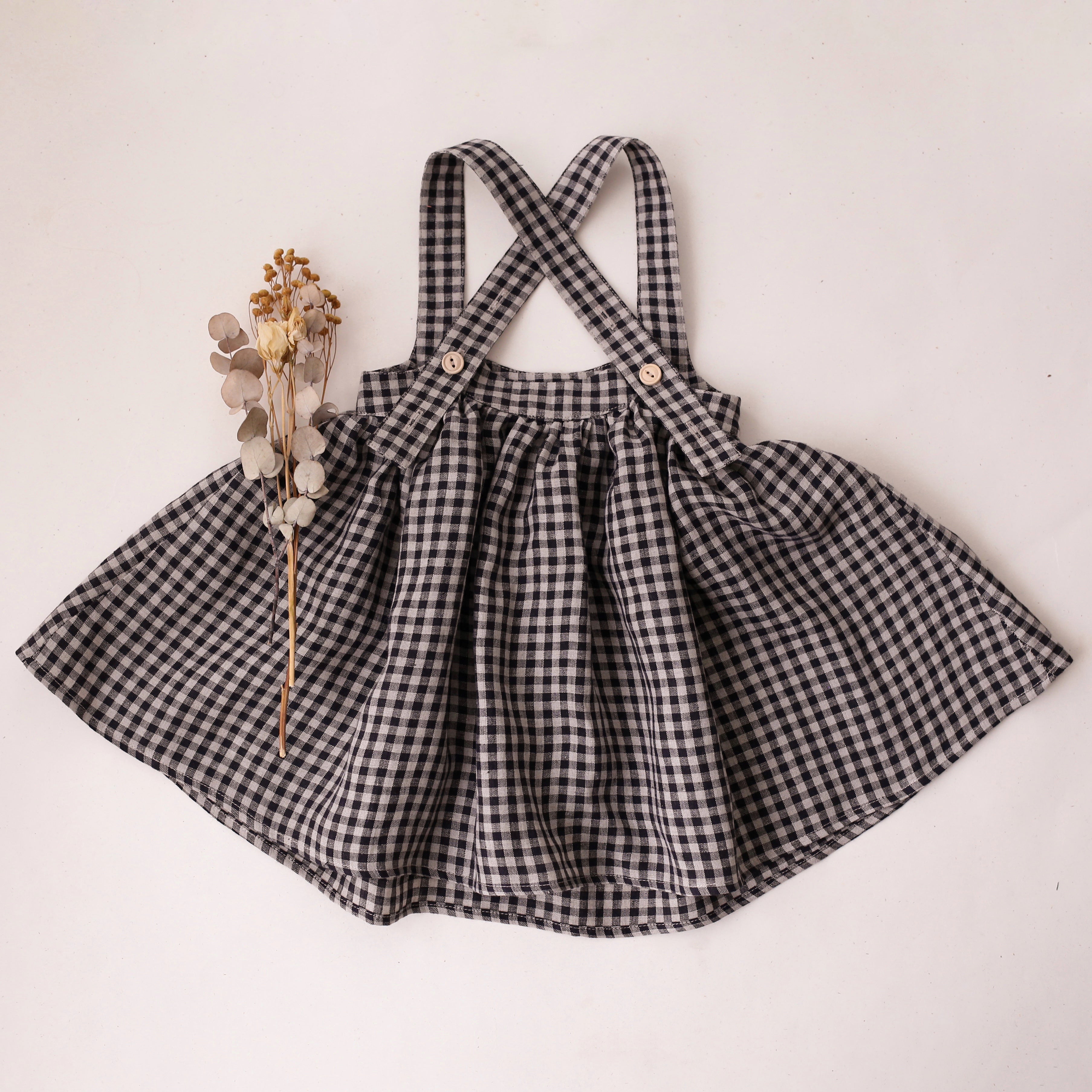 12-18 months - Black & Cream Gingham Linen Straps Pinafore with Pockets