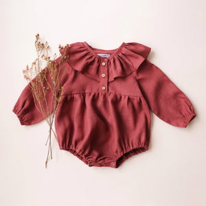 Rosewood Linen Long Sleeve Ruffle Collar Button-Front Bubble Playsuit