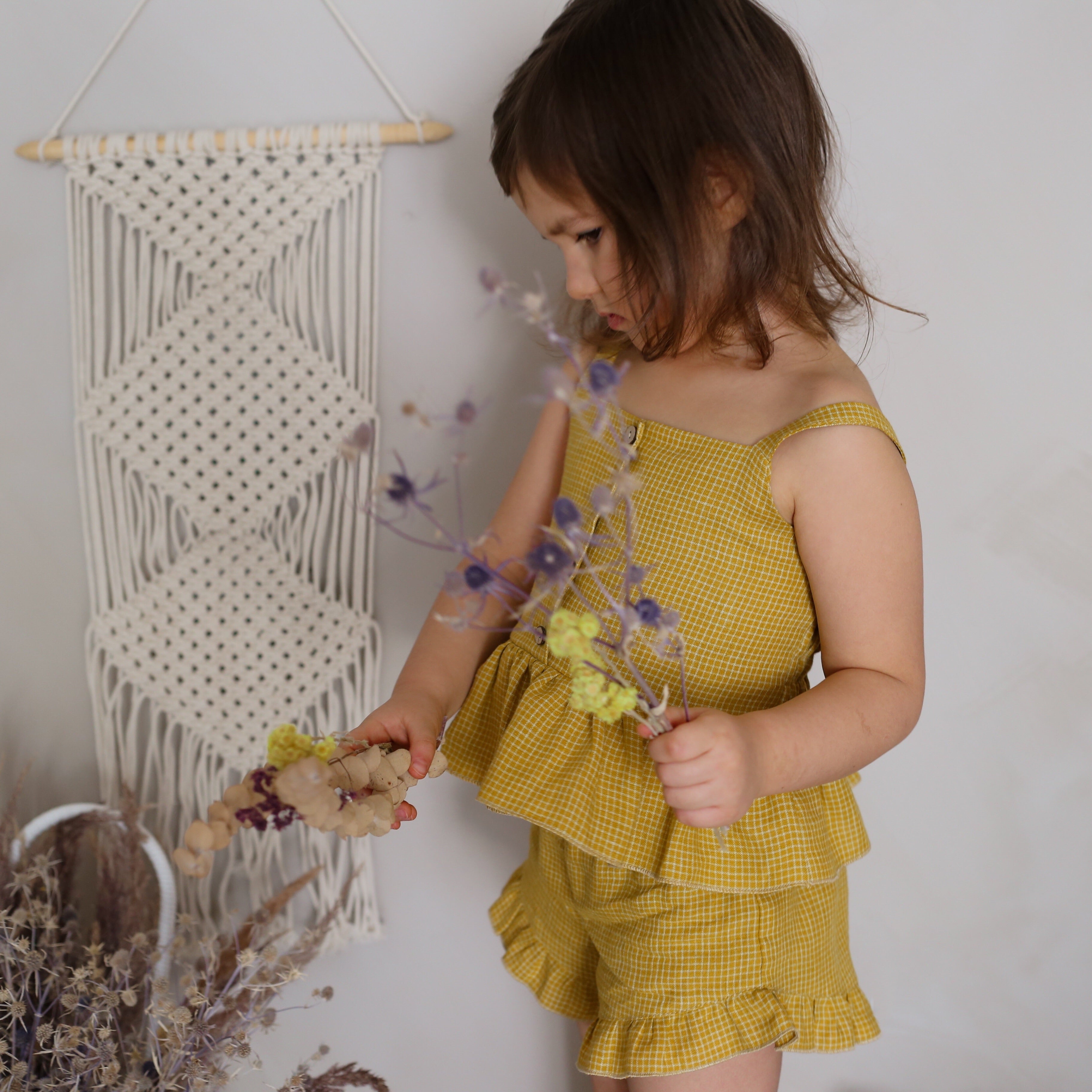 Lemon Gingham Linen Summer Button-Front Top