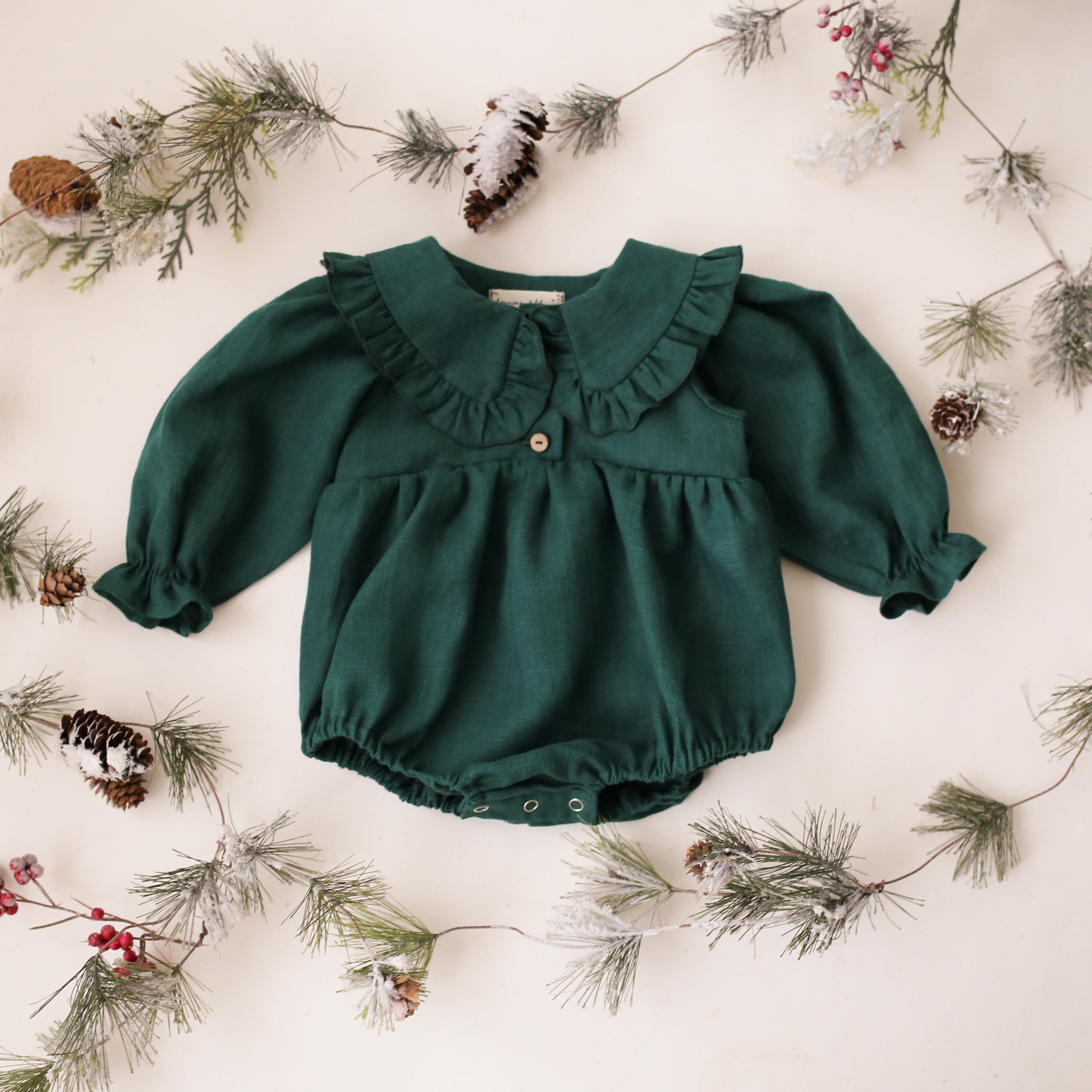 0-3 months - Pine Linen Long Sleeve Frilled Collar Bubble Playsuit