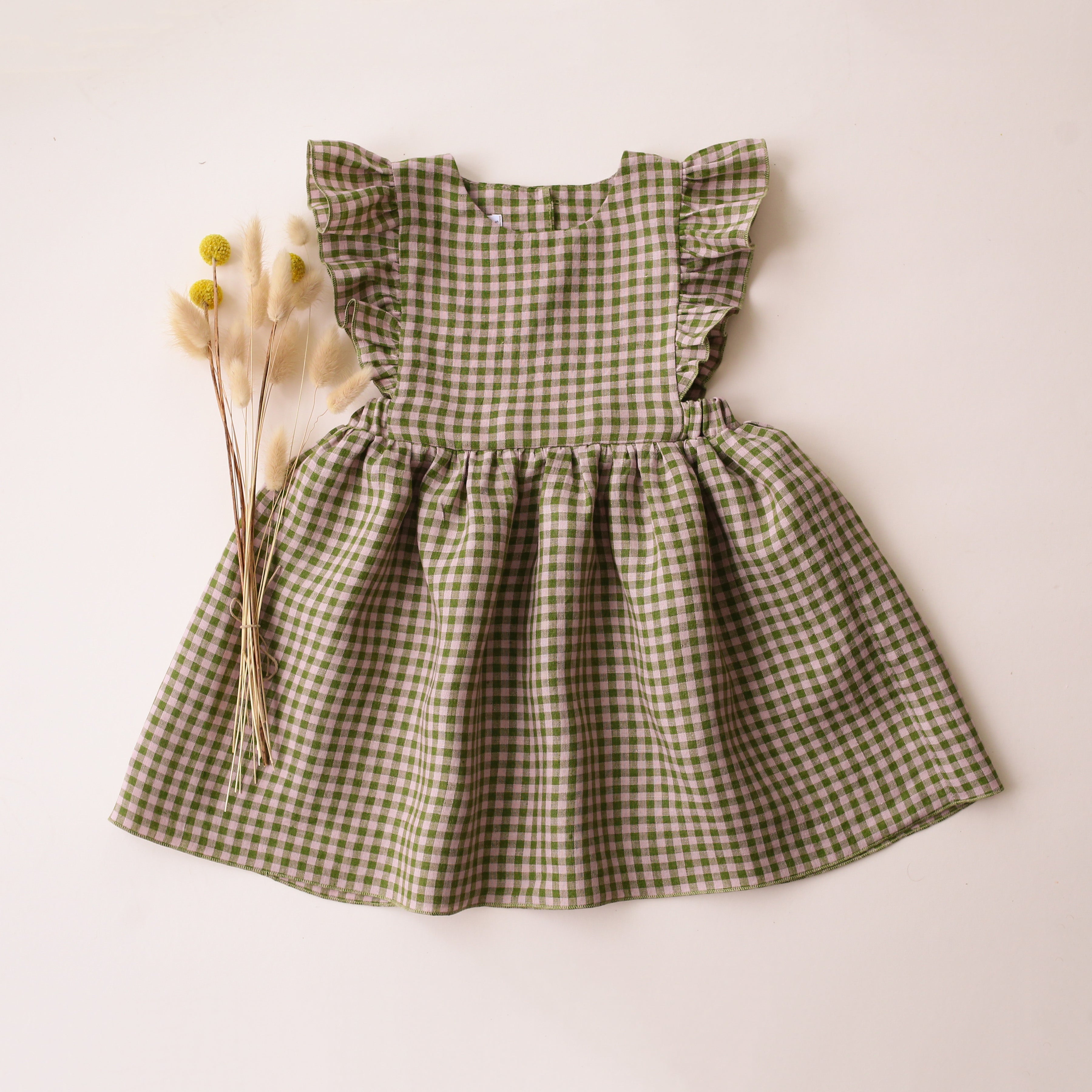 Grass Green Gingham Linen Flutter Pinafore Dress