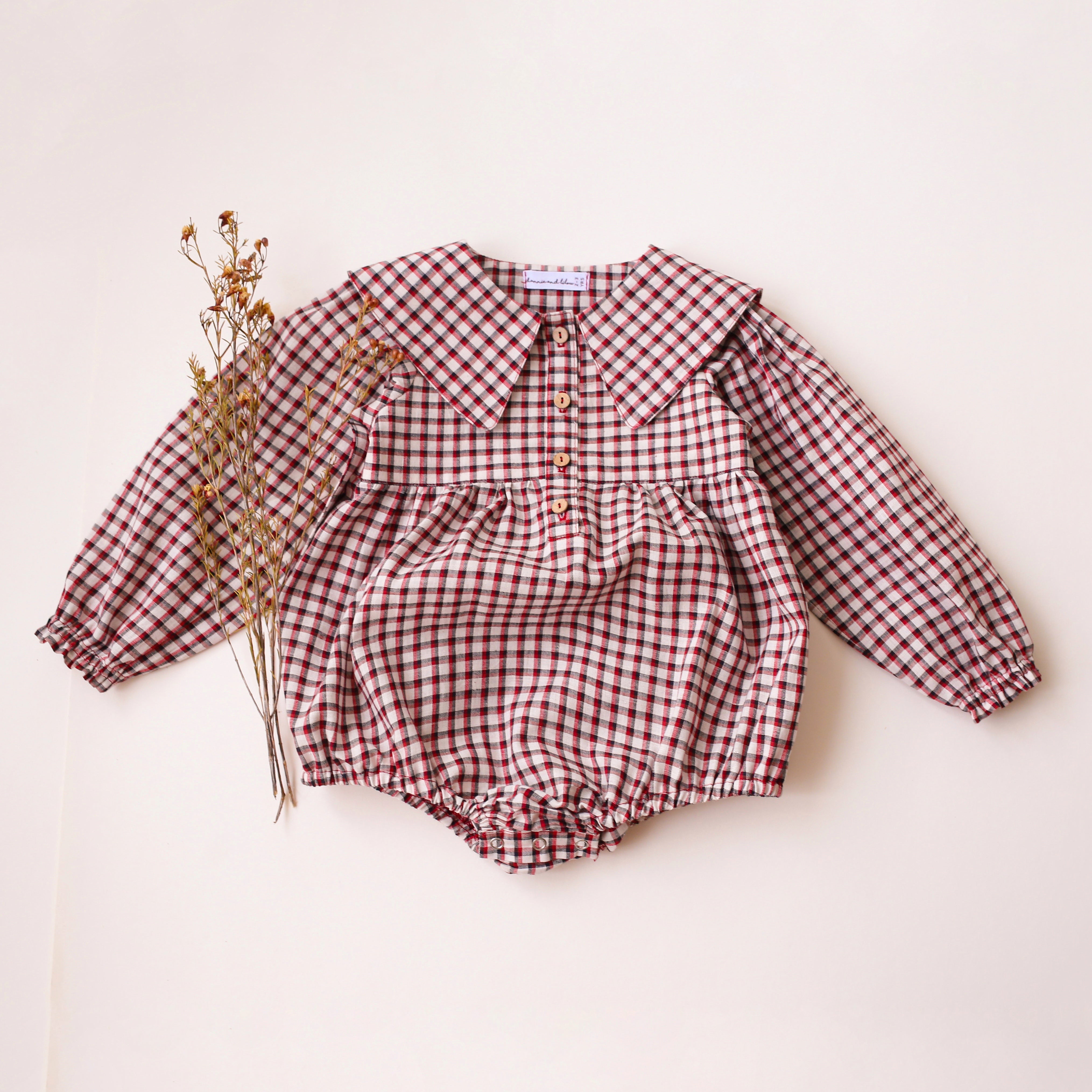 Red & Black Gingham Cotton Long Sleeve Pointed Collar Bubble Playsuit