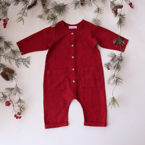 Berry Linen Long Sleeve Buttoned Jumpsuit with Pockets