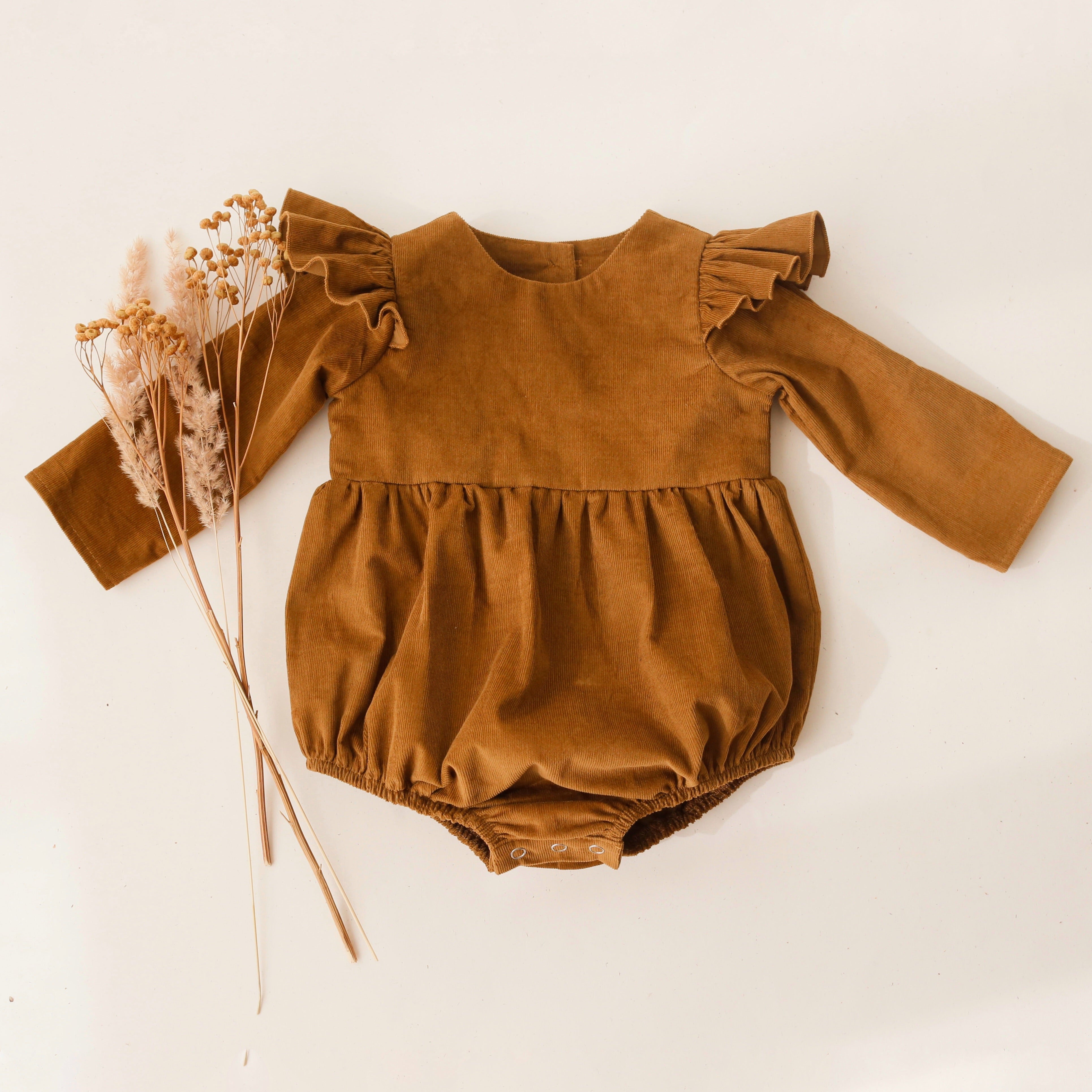 Rustic Brown Corduroy Full Length Flutter Sleeve Bubble Playsuit