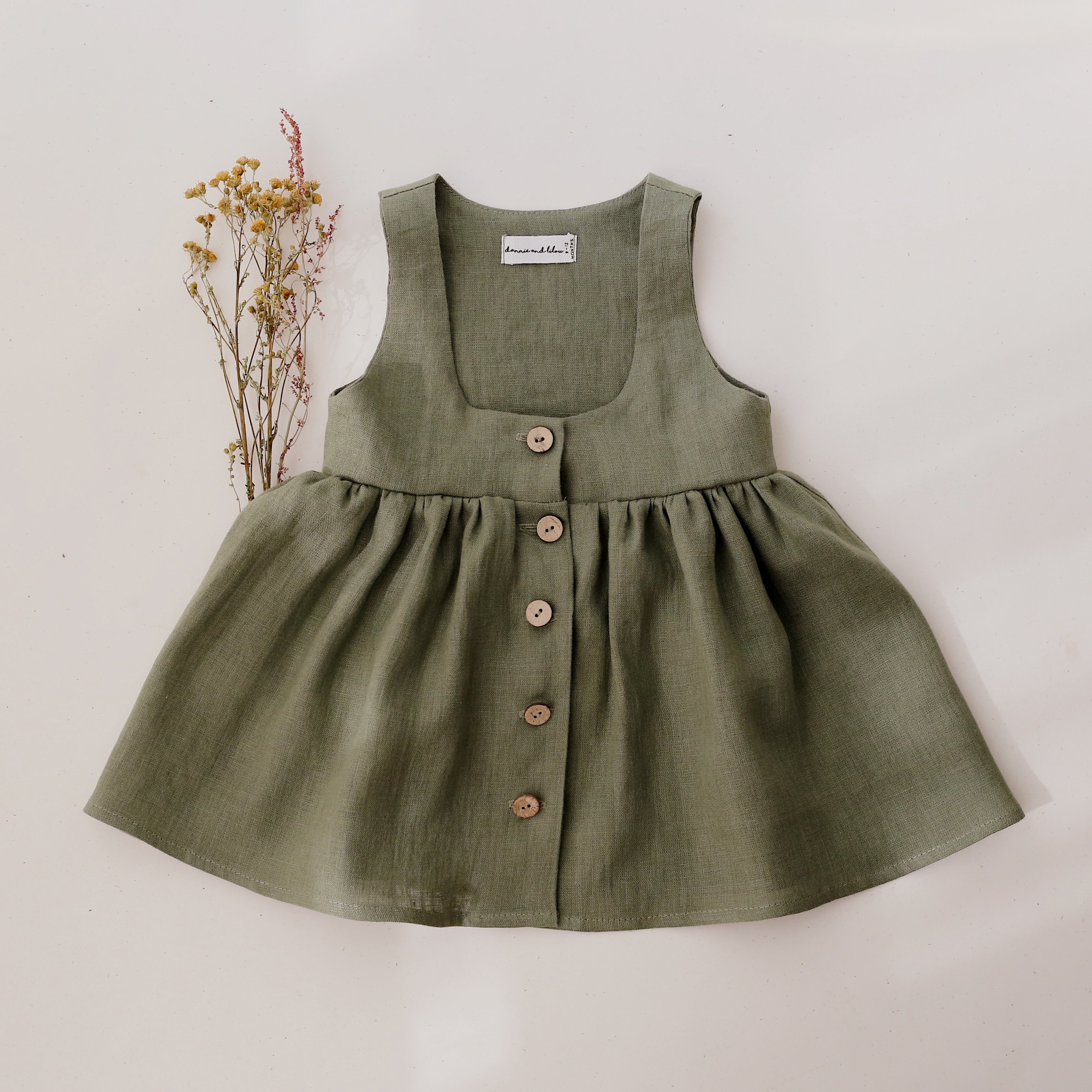 Olive Linen Button Front Pinafore Dress